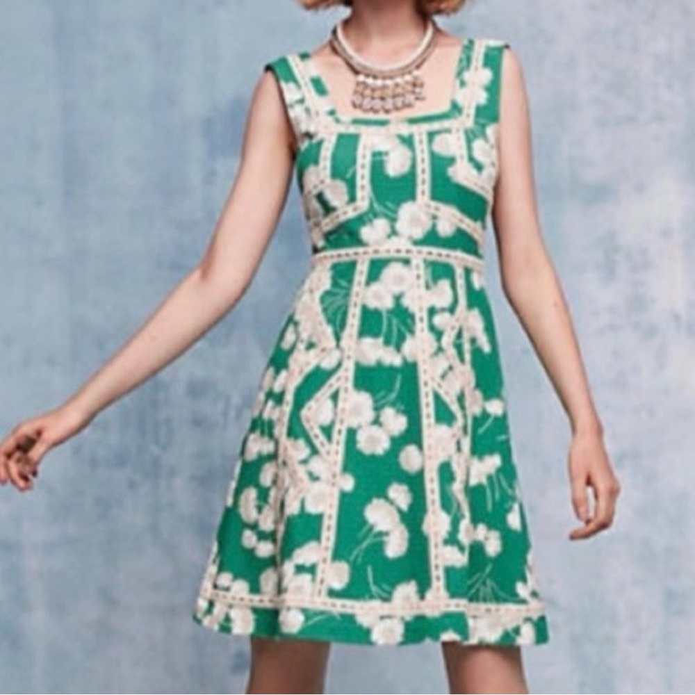Green Floral Lace Trim Sleeveless Dress